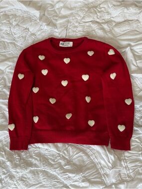 H&M Red Crewneck Sweater with Cream Heart Appliqués